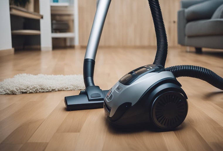 Aspiradora apagada sobre un suelo de parquet.